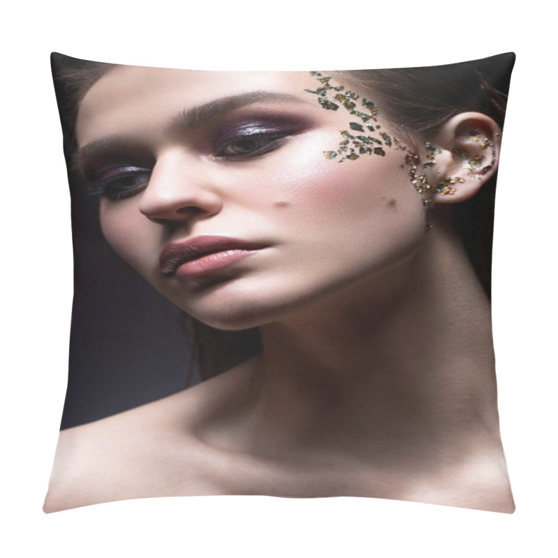 Personality  A Young Girl With Flowing Hair And Smokeys. Beautiful Model With Creative And Bright Art Makeup From Foil. Beauty Of Face And Shining Skin.  Pillow Covers