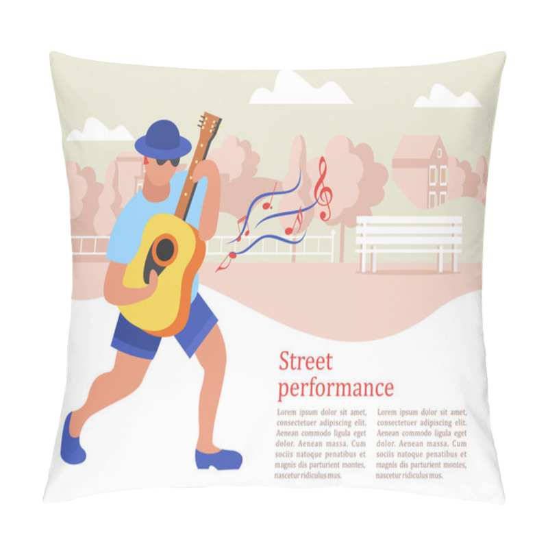 Personality  Street Musician. The Guy Plays The Guitar. Street Performance. Musical Show.  Vector Illustration. Pillow Covers