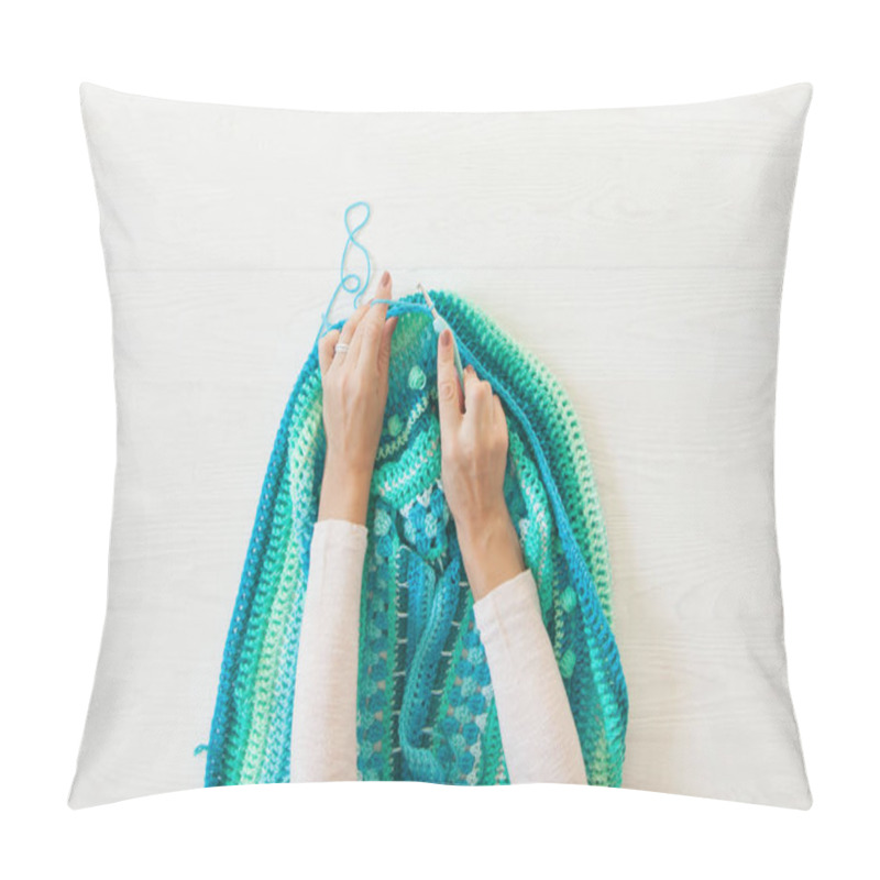 Personality  Women's Hands Are Large. Woman Crochets. Yarn Of Green, Turquois Pillow Covers