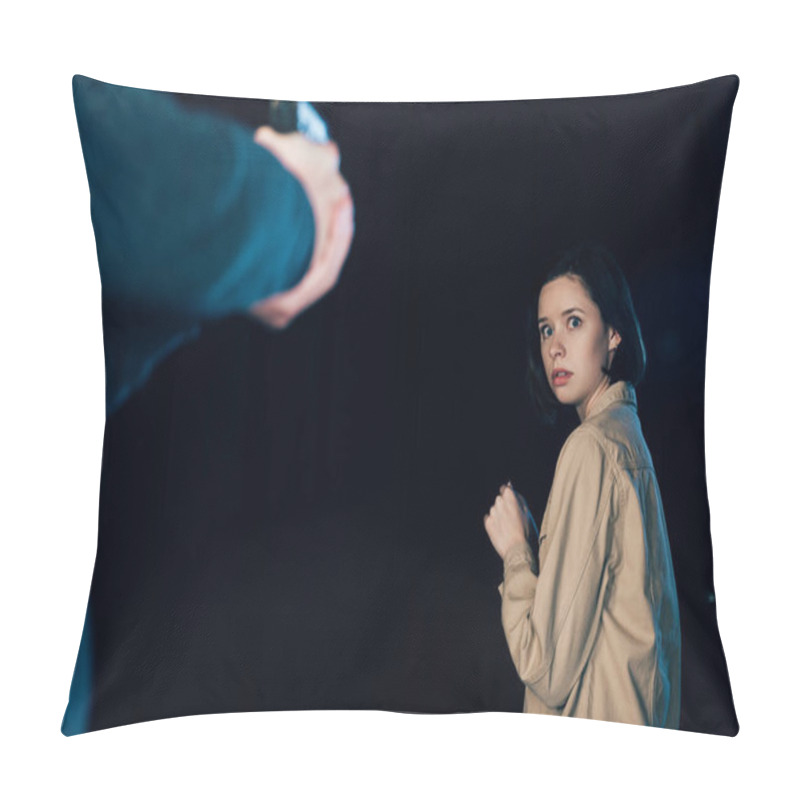 Personality  Cropped View Of Killer Aiming Gun At Woman On Black Pillow Covers