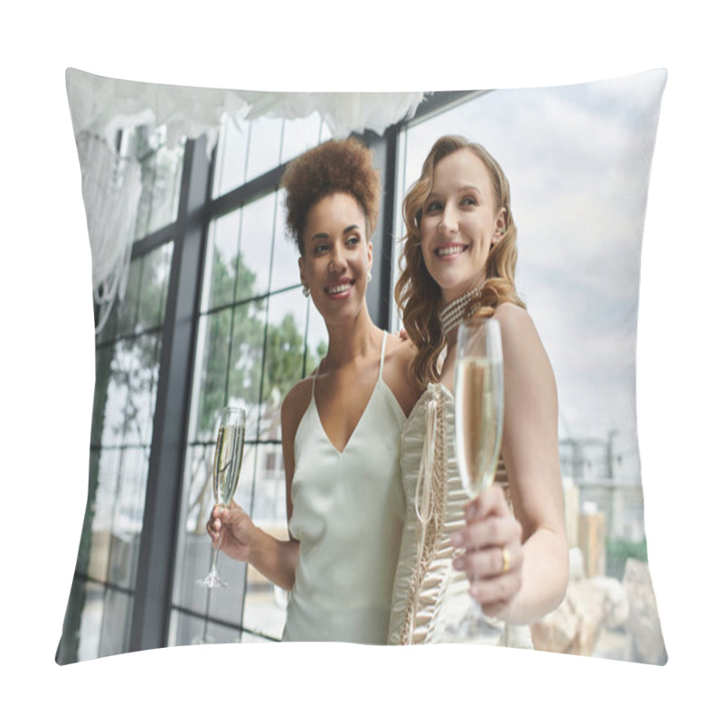 Personality  Two Brides In Elegant White Dresses Celebrate Their Wedding Day With Champagne Flutes. Pillow Covers