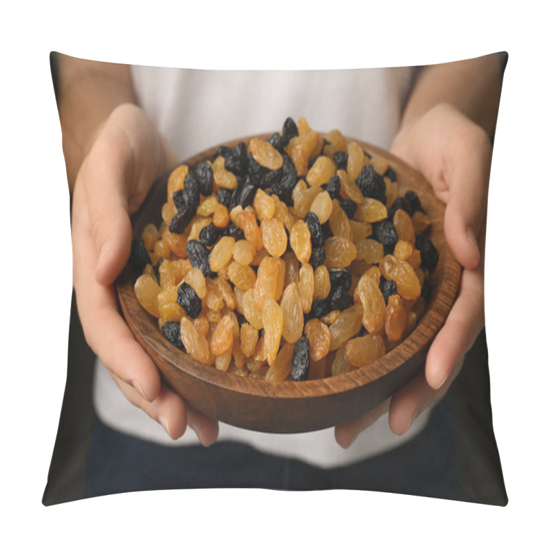 Personality  Woman Holding Bowl With Raisins On Black Background, Closeup Pillow Covers