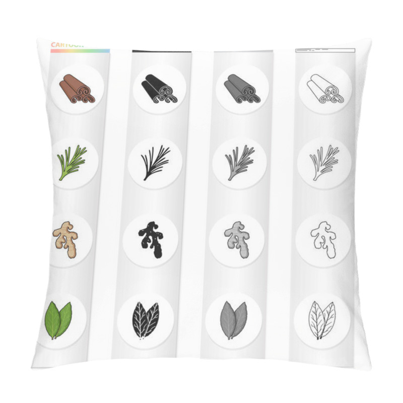 Personality  Cinnamon Bark, Spicy Rosemary, Ginger Root, Bay Leaf. Spices Set Collection Icons In Cartoon Black Monochrome Outline Style Vector Symbol Stock Illustration Web. Pillow Covers