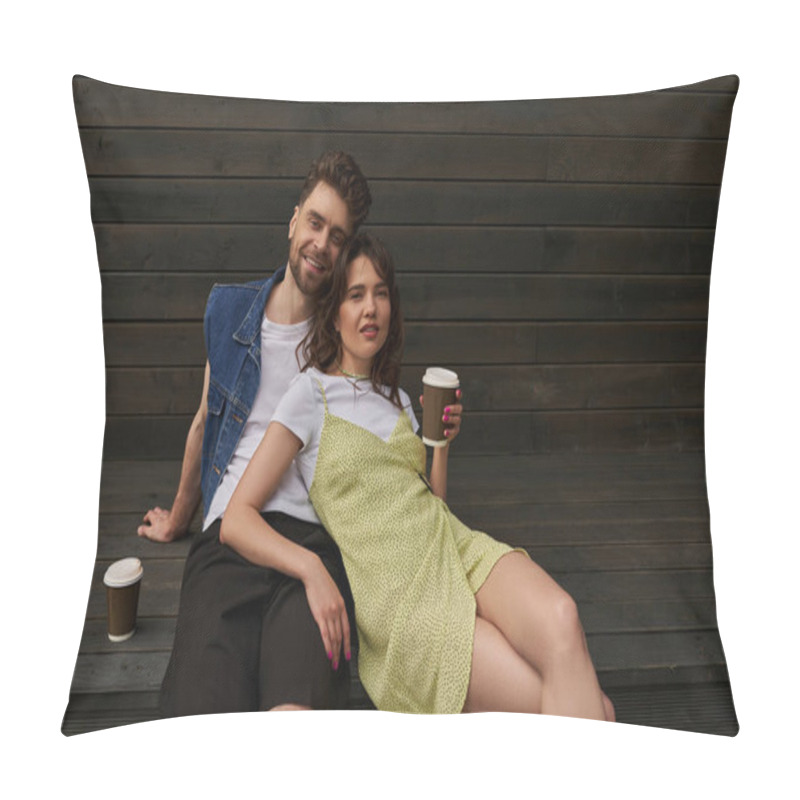 Personality  Fashionable Stylish And Romantic Couple In Summer Outfits Smiling At Camera While Holding Coffee To Go And Sitting Near Wooden House In Rural Setting, Carefree Moments Concept, Tranquility Pillow Covers