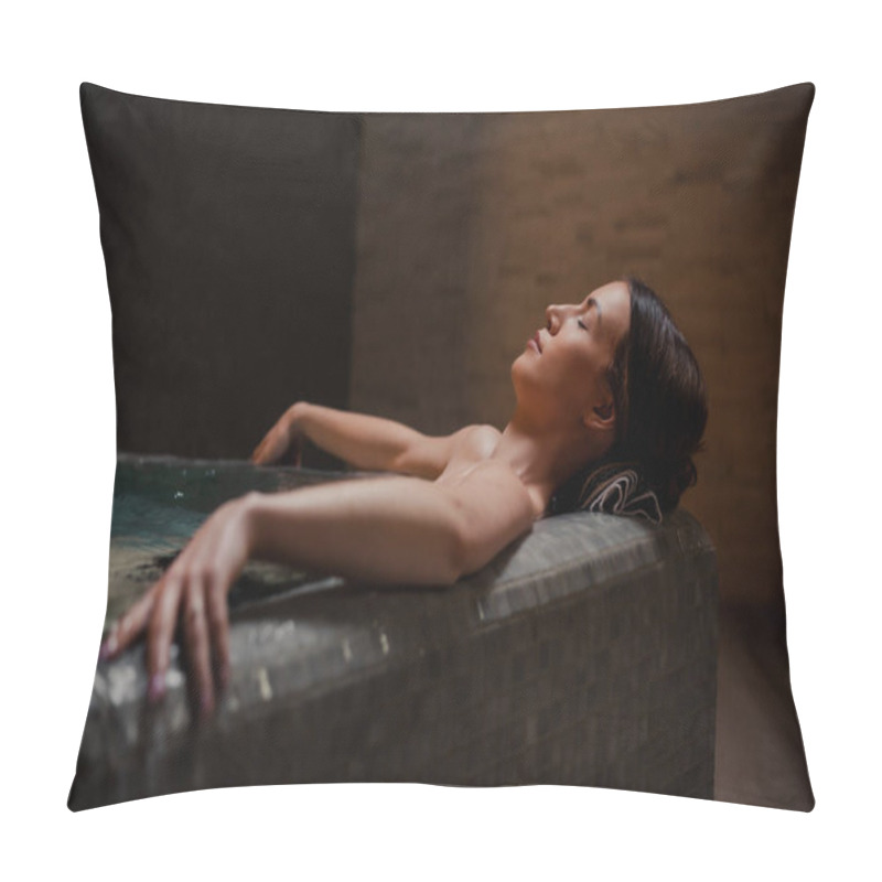 Personality  Conception Of Bodycare. Beauty And Body Care. View Of A Young Woman Enjoying Whirlpool Bath. Sensual Young Woman Relaxing In Spa Hot Tub. Pillow Covers