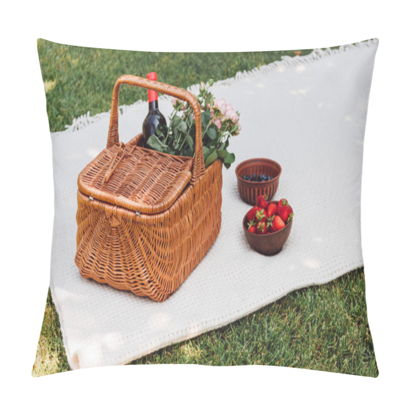 Personality  Wicker Basket With Roses And Bottle Of Wine On White Blanket Near Strawberries In Shadow In Garden Pillow Covers