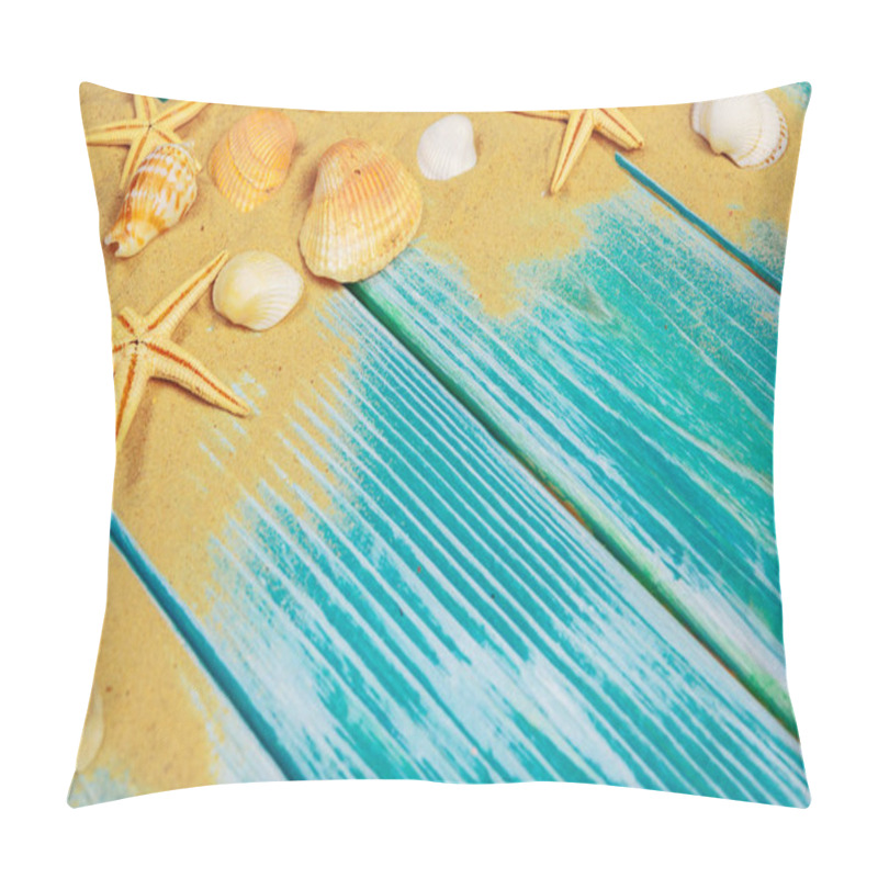 Personality  Sea Sand And Sea Shells On Blue Wooden Floor Pillow Covers