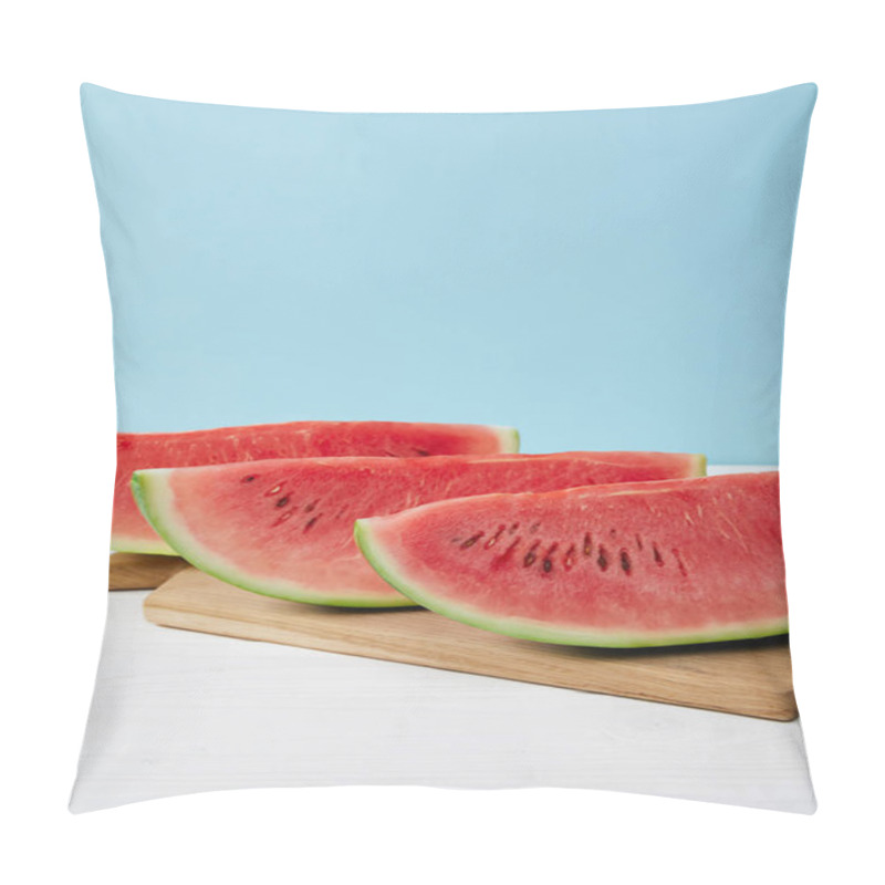 Personality  Close Up View Of Arranged Watermelon Slices On Cutting Board On White Surface On Blue Backdrop Pillow Covers