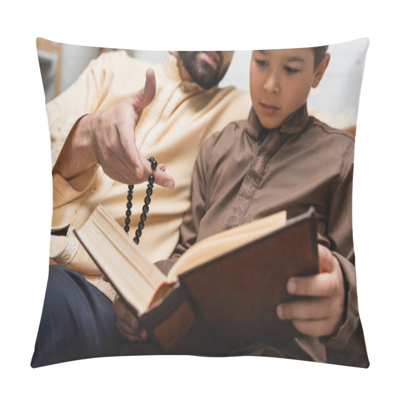 Personality  Muslim Man With Prayer Beads Pointing At Book Near Son At Home  Pillow Covers