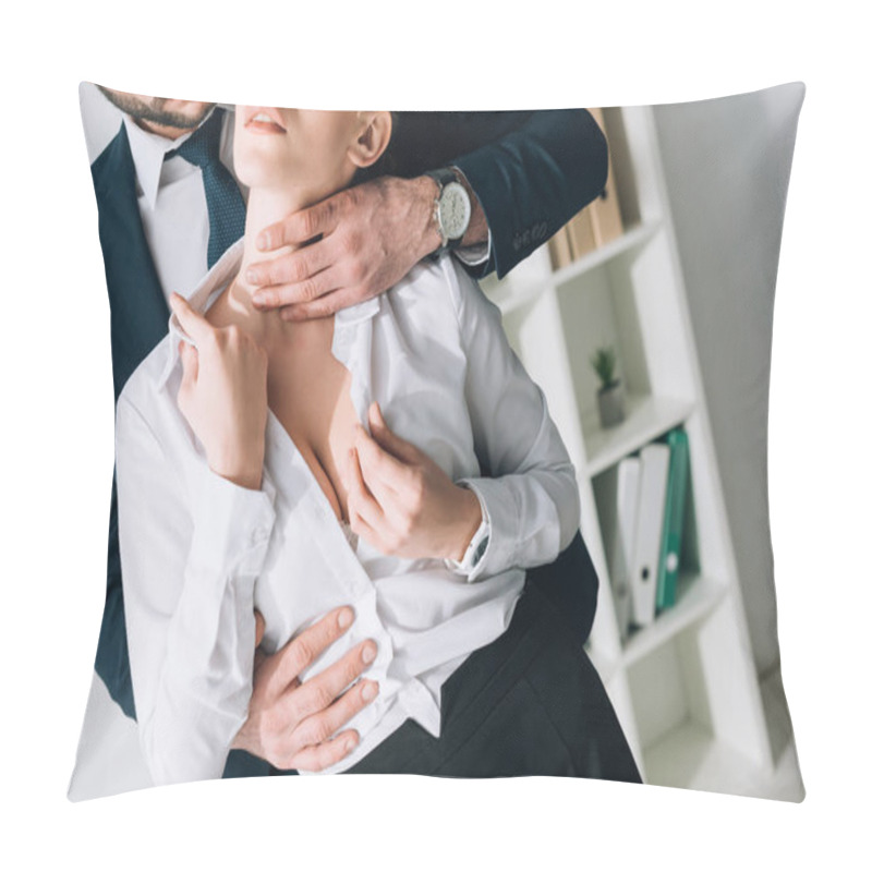 Personality  Cropped View Of Businessman In Suit Hugging Sexy Secretary With Big Breast In Office  Pillow Covers