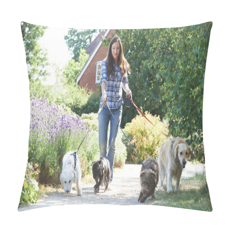 Personality  Professional Dog Walker Exercising Dogs In Park Pillow Covers