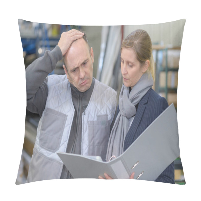 Personality  Man Frowning While Looking At Folder Held By Woman Pillow Covers