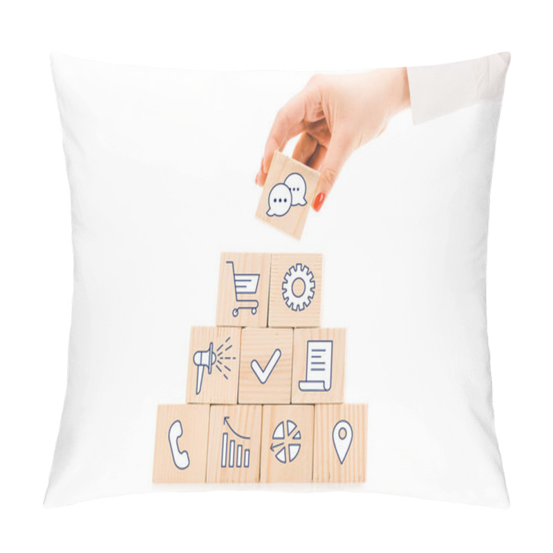 Personality  Partial View Of Woman Picking Up Wooden Block With Speech Bubbles Sign From Pyramid Isolated On White Pillow Covers