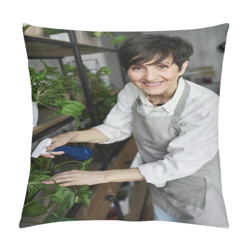 Personality  A Mature Gardener Tends To Her Beloved Indoor Plants With Care. Pillow Covers