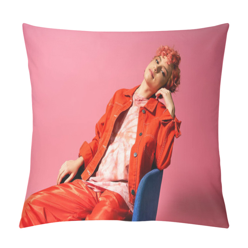 Personality  Extraordinary Woman Sitting On A Blue Chair In Front Of A Vibrant Pink Background. Pillow Covers