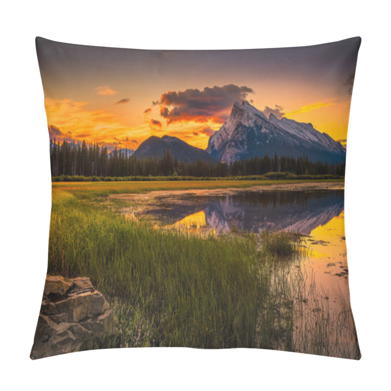 Personality  Golden Early Fall Sunrise Over The Canadian Rockies And Vermilion Lakes On The Outskirts Of Banff, Canada Pillow Covers