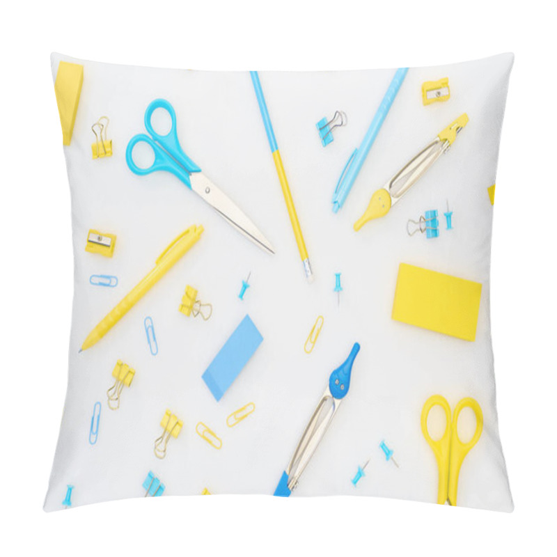 Personality  Mix Of Blue And Yellow Stationery On White Background Pillow Covers