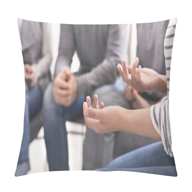 Personality  Emotional Woman Sharing Her Story During Support Session Pillow Covers