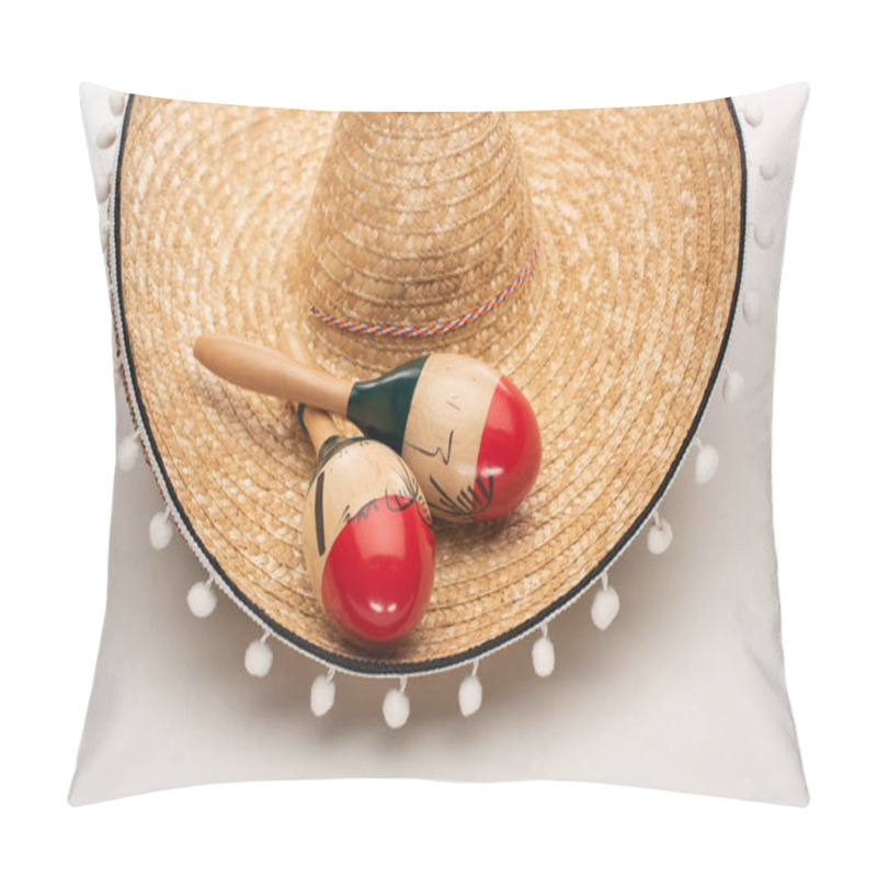 Personality  Close Up View Of Maracas On Sombrero On White Background Pillow Covers