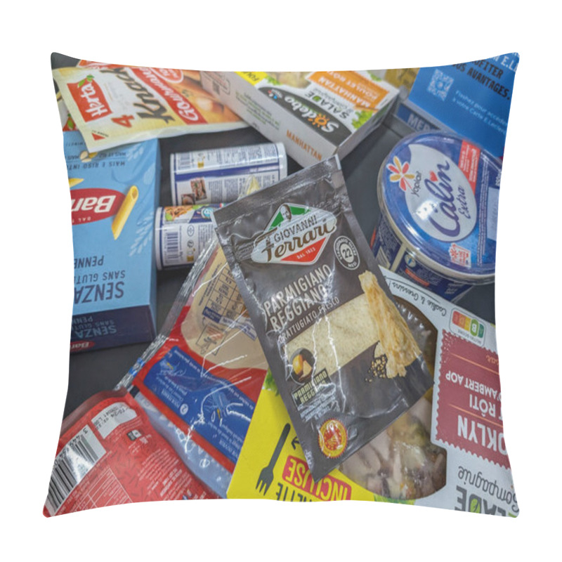 Personality  France, 12 August 2024: Assortment Of Italian And French Food Products In Grocery Packaging Pillow Covers