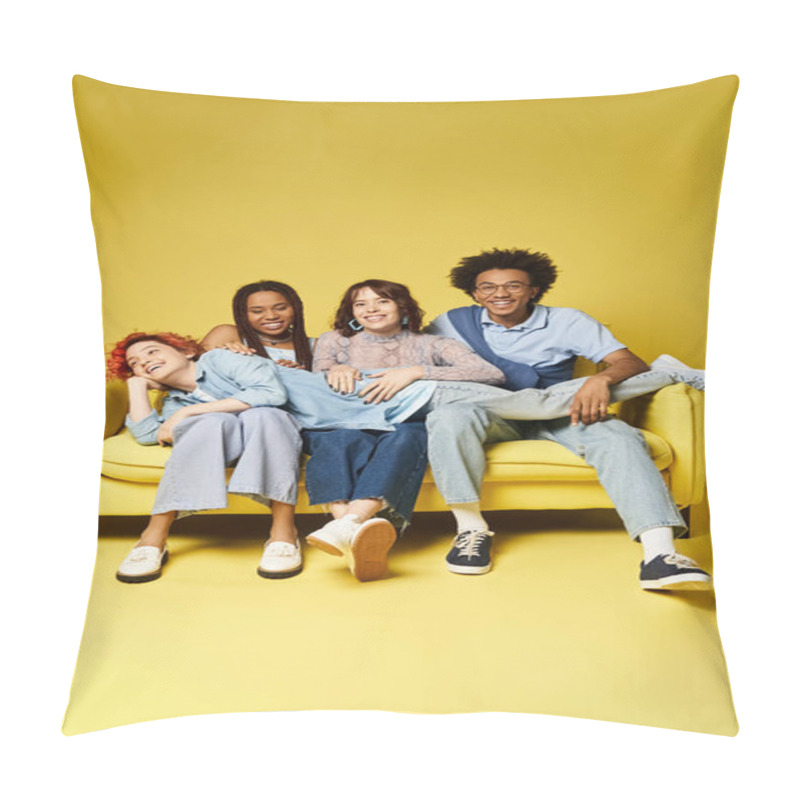 Personality  A Diverse Group Of Young Friends In Stylish Outfits Casually Lounging And Chatting On A Vibrant Yellow Couch In A Studio Setting. Pillow Covers