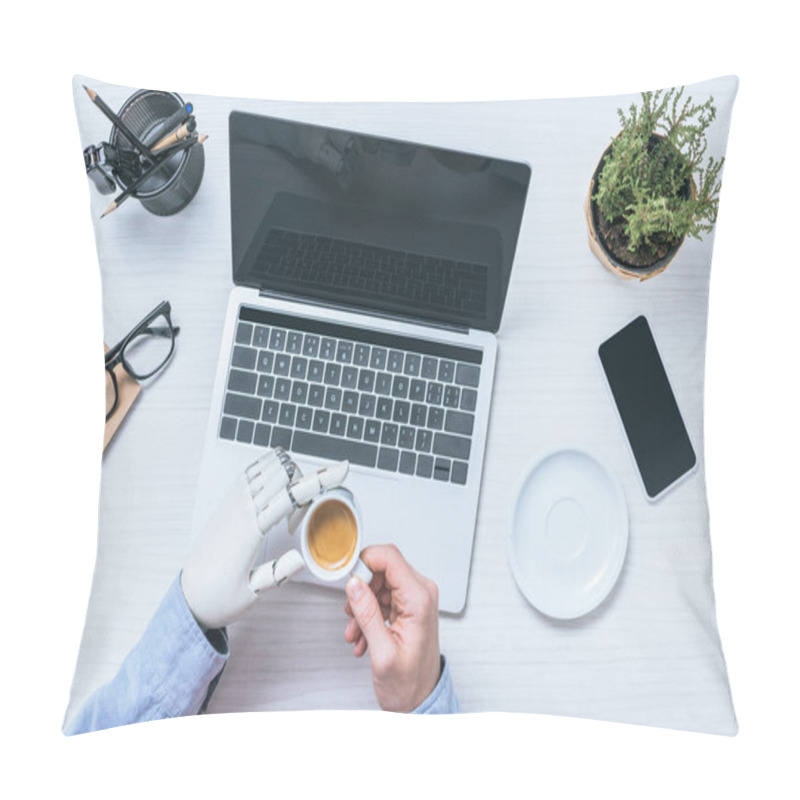 Personality  Partial View Of Businessman With Prosthetic Arm Drinking Coffee At Table With Laptop In Office  Pillow Covers