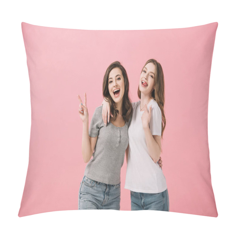 Personality  Attractive And Smiling Women In T-shirts Looking At Camera And Showing Peace Sign Isolated On Pink Pillow Covers