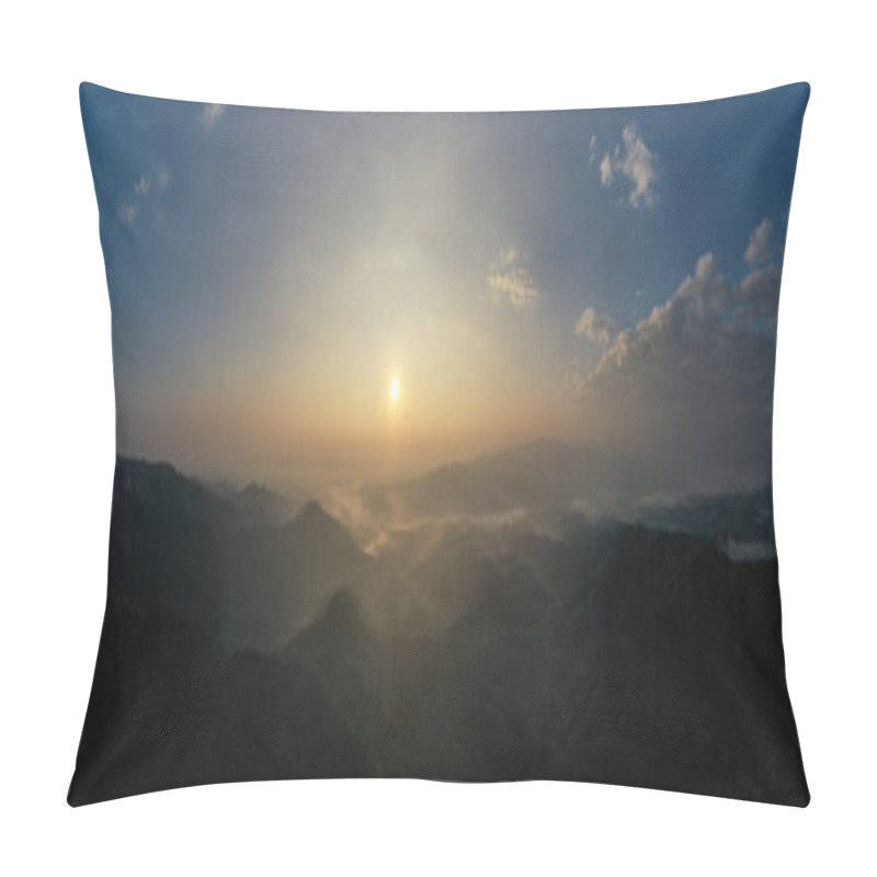 Personality  Panoramic Aerial Landscape View Morning Sunlight Blue Sky And Mountain Range With Fog In Valley At Chiang Rai Thailand, Panorama For Webpage Background Concept  Pillow Covers