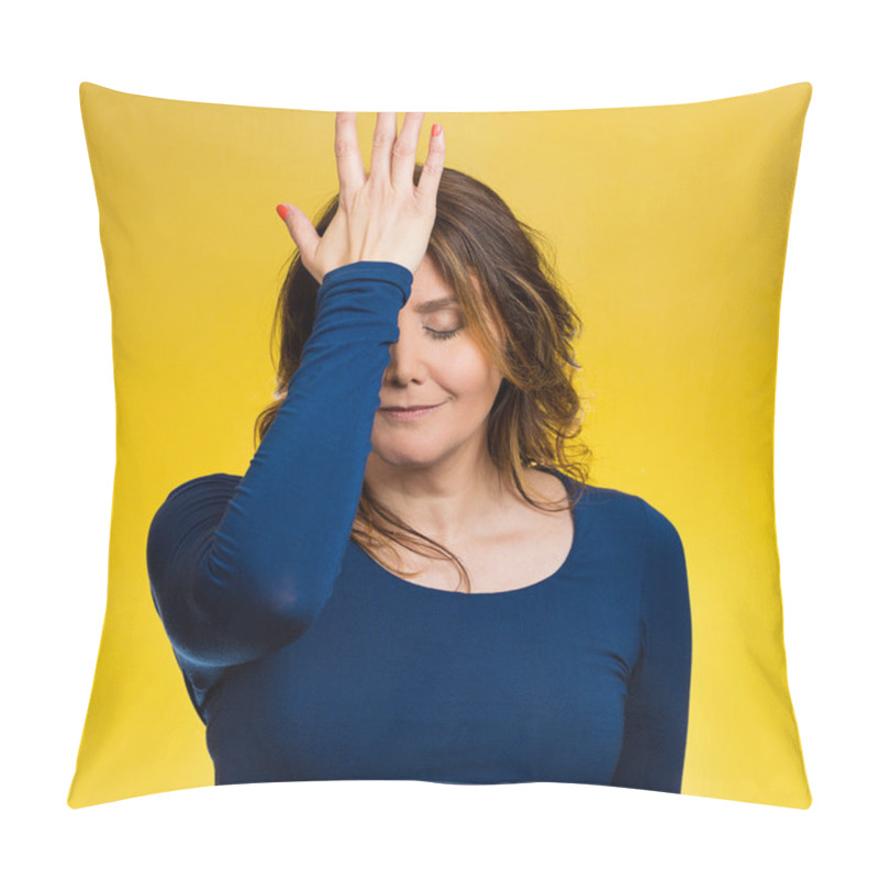 Personality  Woman Realizes Mistake, Regrets, Slapping Hand On Head To Say Duh Pillow Covers