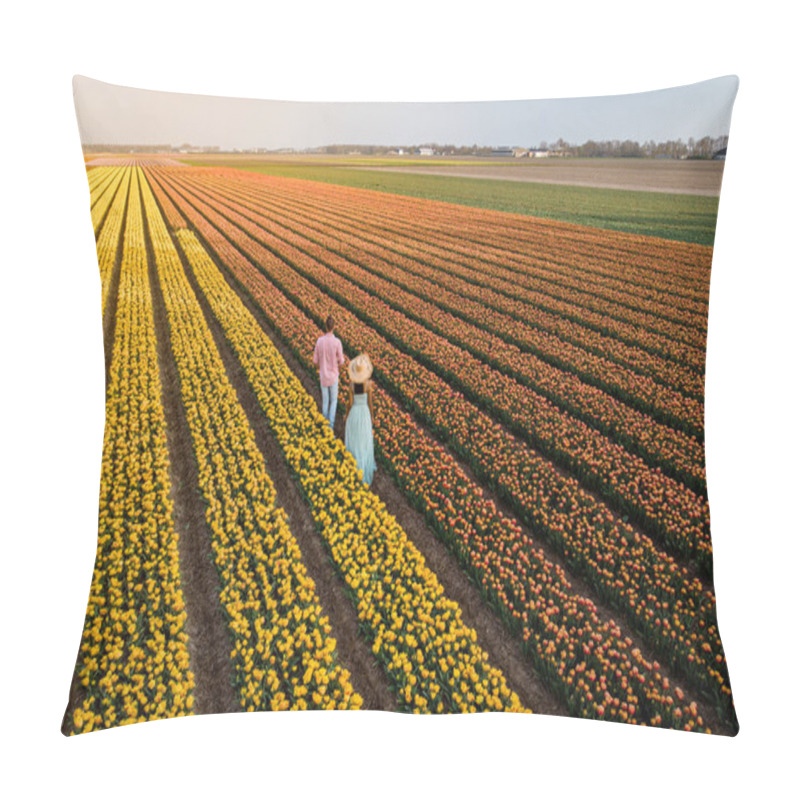 Personality  Drone Aerial View From Above Couple Of Men And Woman In A Tulip Field, Noordoostpolder Netherlands, Bulb Region Holland In Full Bloom During Spring, Colorful Tulip Fields Pillow Covers