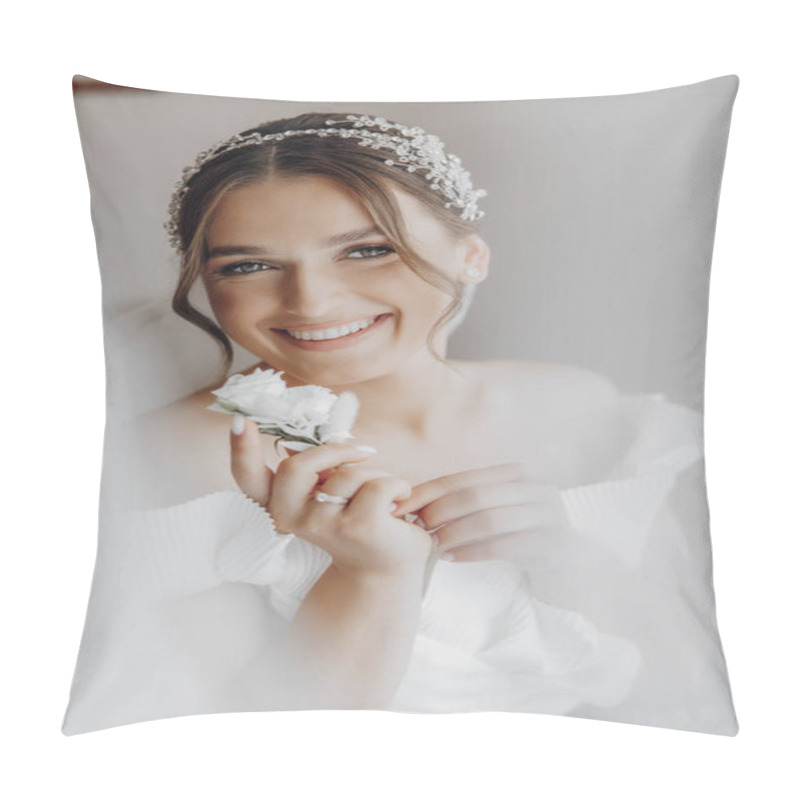 Personality  Beautiful Bride With A Fashionable Wedding Hairstyle, Wedding Nude Makeup. Close Up Portrait Of Young Gorgeous Bride, Posing In Room In The Wedding Morning. High Quality Photo Pillow Covers