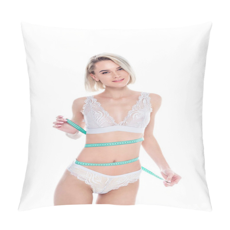 Personality  Beautiful Smiling Girl In Lingerie Measuring Her Slim Waist, Isolated On White Pillow Covers