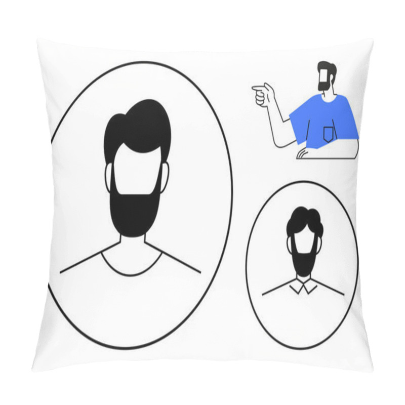 Personality  Circular Avatars And Gesture Of A Man In A Blue Shirt Without Facial Features. Ideal For User Profiles, Social Media, Communication, Identity, Avatars, Personal Branding, And Male Representation Pillow Covers