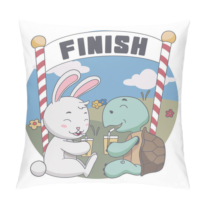 Personality  Illustration Of Happy Rabbit And Turtle Drink Together After Race. Pillow Covers