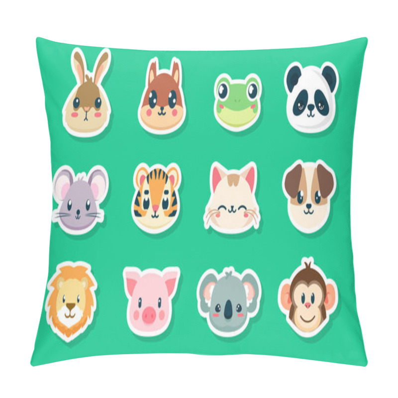 Personality  Set Of Stickers Of Cute Wild Animals Faces, Hares, Squirrel, Frog, Panda, Mouse, Tiger, Cat, Dog, Lion, Pig, Koala, Monkey, Flat Vector Illustration  Pillow Covers