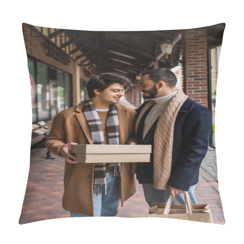 Personality  Young Gay Man In Checkered Scarf Holding Shoebox Near Smiling Boyfriend With Shopping Bags Pillow Covers