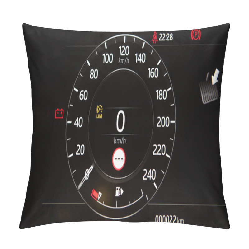 Personality  Modern Car Speedometer. Close Up Shot Of The Dashboard A Car. Pillow Covers