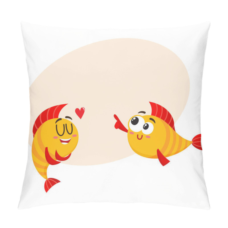 Personality  Two Smiling Golden Fish Characters, One Showing Love, Another Laughing Pillow Covers