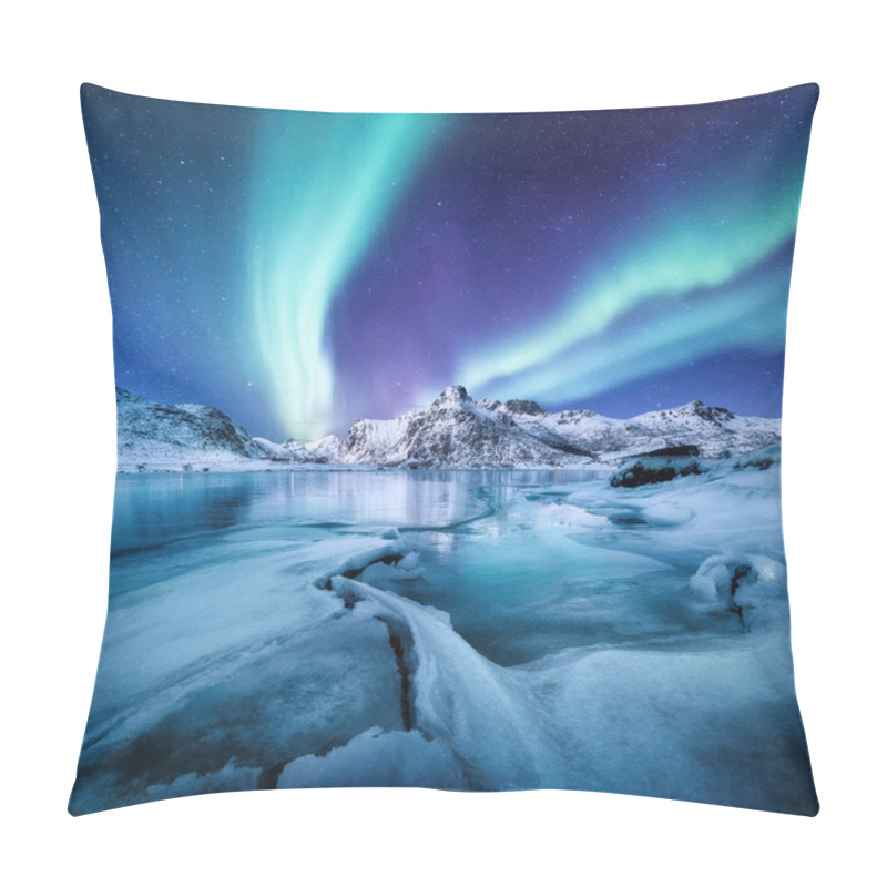 Personality  Aurora Borealis, Lofoten Islands, Norway. Nothen Light, Mountains And Frozen Ocean. Winter Landscape At The Night Time. Norway Travel - Image Pillow Covers