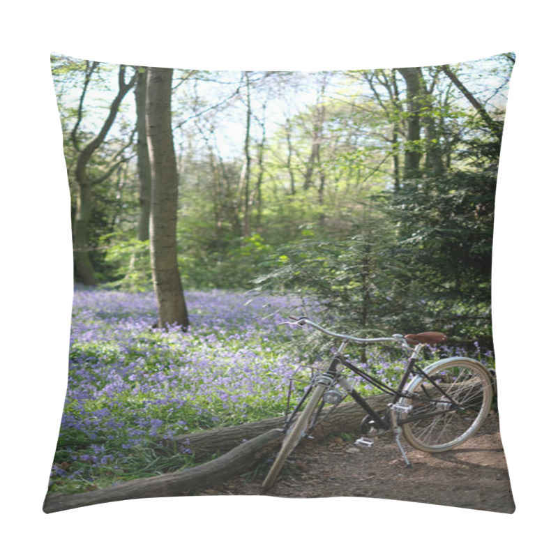 Personality  Cycling A Beautiful Bicycle In The Woods During English Bluebell Blossom Season Pillow Covers