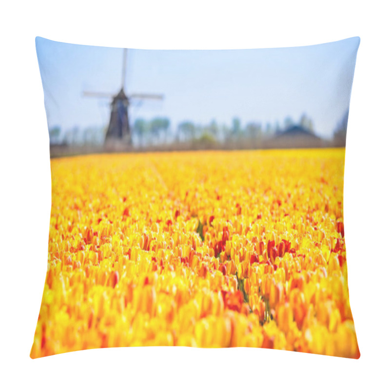 Personality  Tulip Fields And Windmill In Holland, Netherlands. Blooming Flower Fields With Red And Yellow Tulips In Dutch Countryside. Traditional Landscape With Colorful Flowers And Windmills. Pillow Covers