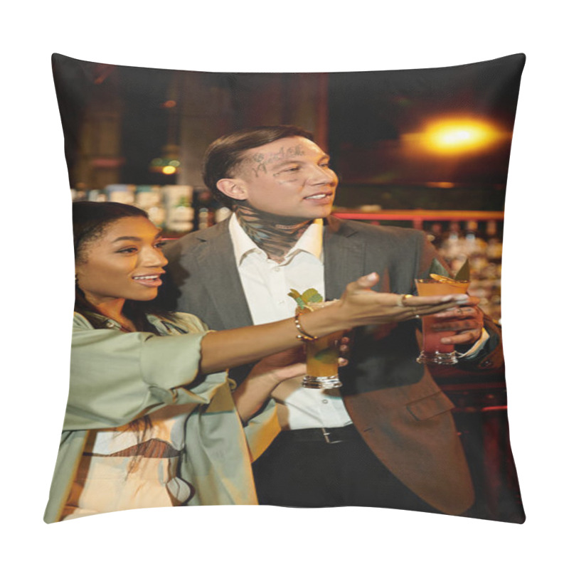 Personality  A Young Couple Shares Laughter And Drinks On Their Romantic Night Out, Embracing Diversity. Pillow Covers