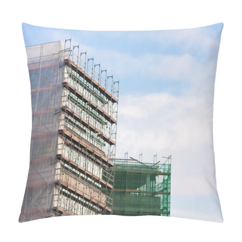 Personality  Staircase And Scaffolding On A Construction Site,covered With Mesh On Sky Background. Pillow Covers