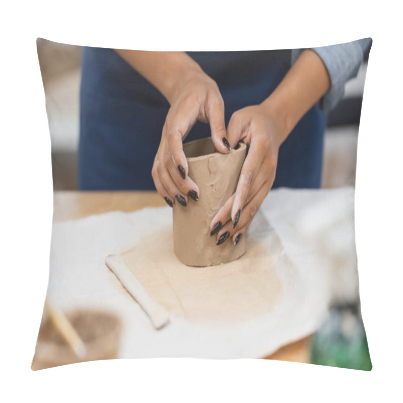 Personality  Partial View African American Woman With Manicure Shaping Clay During Pottery Class   Pillow Covers