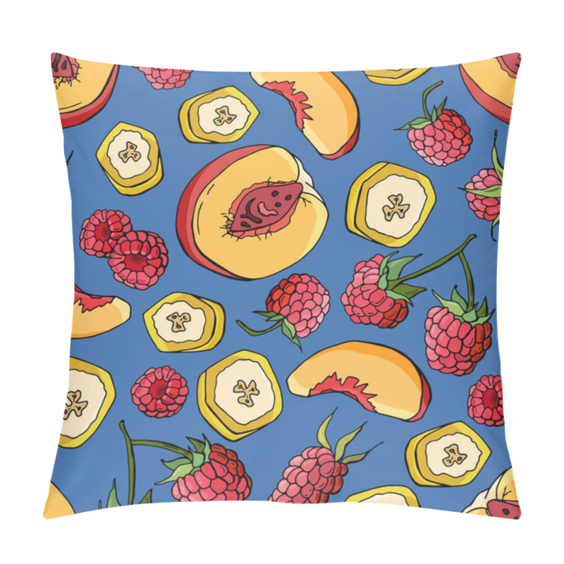 Personality  Fruit Seamless Patern. Raspberry, Peach, Banana Slices. Cartoon Style. Stock Illustration. Design For Wallpaper, Fabric, Textile, Packaging. Pillow Covers