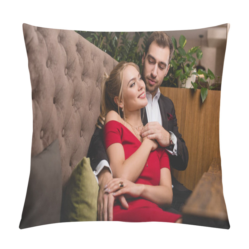 Personality  Handsome Man Looking At Attractive Woman And Hugging While Sitting In Restaurant  Pillow Covers