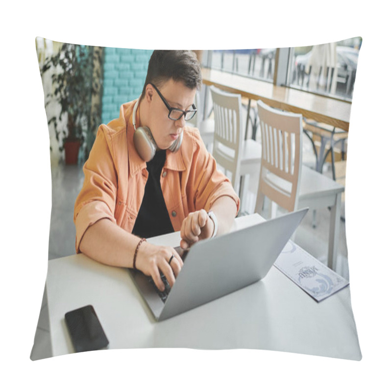 Personality  A Man With Down Syndrome Works On His Laptop In A Cafe, Surrounded By The Energy Of Everyday Life. Pillow Covers