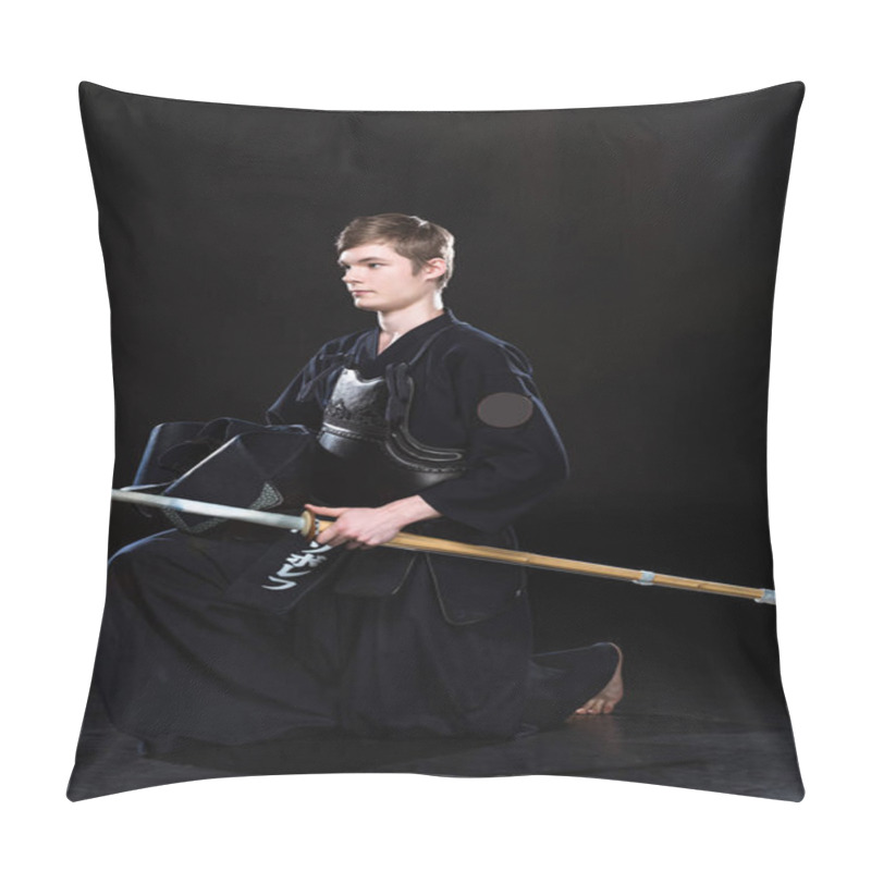 Personality  Young Man Practicing Kendo With Sowrd On Black Pillow Covers