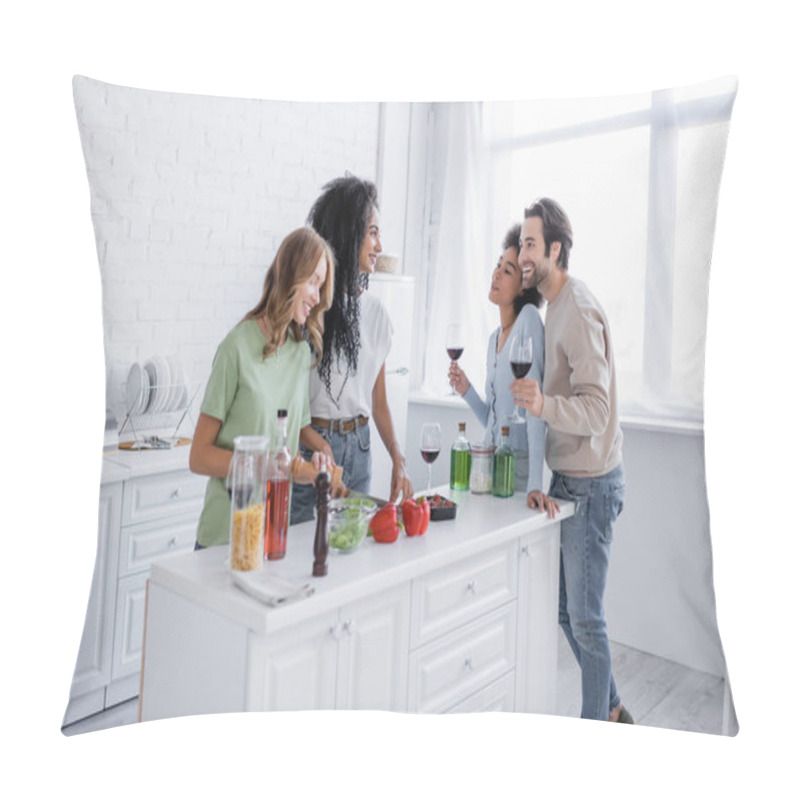 Personality  Cheerful Lesbian Couple Cooking Near Interracial Friends With Glasses Of Wine Pillow Covers