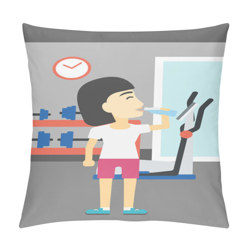 Personality  Sportive Woman Drinking Water Vector Illustration. Pillow Covers